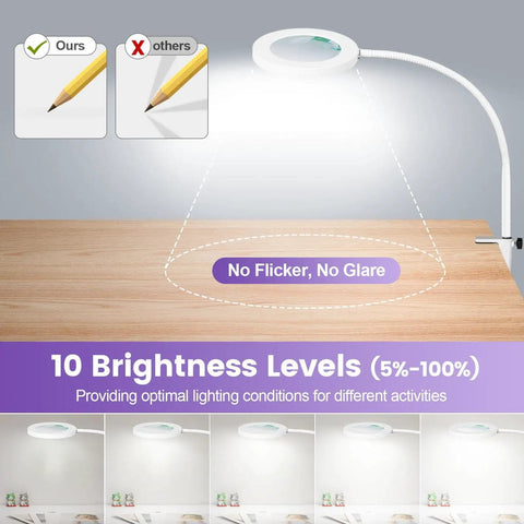 12X Magnifying Glass With Light And Stand showing no flicker, 10 brightness levels, 24 inch gooseneck, clamp, for craft use