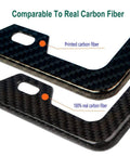 Anti Theft License Plate Frames With Carbon Fiber Look Aluminum Construction And Stainless Steel Anti Theft Screws For Front And Rear US Cars Protect Your Tags From Thieves And Weather While Keeping Your Car Clean, close-up of carbon fiber texture comparison highlighting printed and real carbon fiber sections.