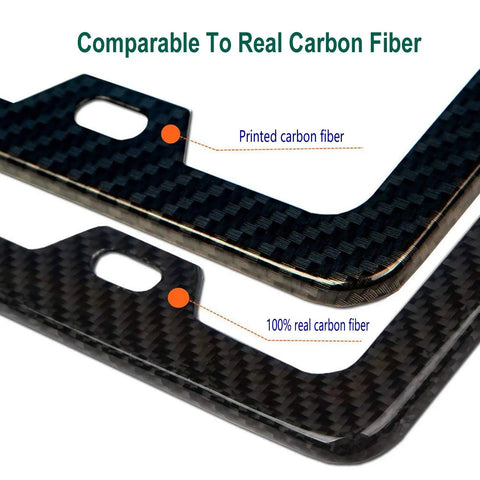 Anti Theft License Plate Frames With Carbon Fiber Look Aluminum Construction And Stainless Steel Anti Theft Screws For Front And Rear US Cars Protect Your Tags From Thieves And Weather While Keeping Your Car Clean, close-up of carbon fiber texture comparison highlighting printed and real carbon fiber sections.