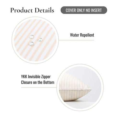 Fall Coastal Patio Pillow Cover 20x20 For Indoor Outdoor Use, Water Repellent Cushion Cover In Neutral Tan Stripe with zipper