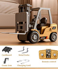 One Sixty Fourth Scale Alloy RC Forklift Toy With Lights And Sounds Two Point Four Gigahertz Remote Control Truck, accessories shown.