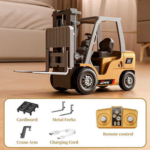 One Sixty Fourth Scale Alloy RC Forklift Toy With Lights And Sounds Two Point Four Gigahertz Remote Control Truck, accessories shown.