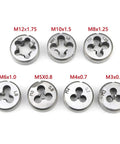 Circular dies from Metric Die Wrench Set With T Handle For Tight Spaces, sizes M3x0.5 to M12x1.75, Pack Of 8, Durable Alloy Steel