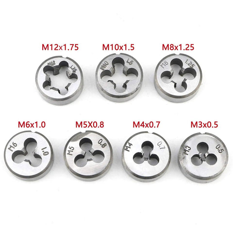 Circular dies from Metric Die Wrench Set With T Handle For Tight Spaces, sizes M3x0.5 to M12x1.75, Pack Of 8, Durable Alloy Steel
