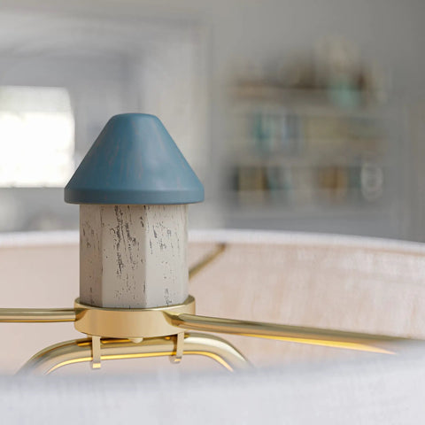 Close-up of Coastal Nantucket Table Lamp in Antique White Finish, 31 Inch Tall lighthouse-inspired detail with blue top.