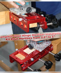 Adjustable Aluminum Door Hinge Mortise Jig Kit with dual clamps being used on a wooden table, shown from different angles.