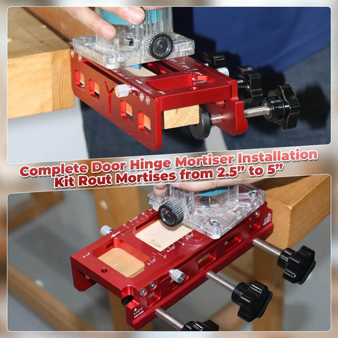 Adjustable Aluminum Door Hinge Mortise Jig Kit with dual clamps being used on a wooden table, shown from different angles.
