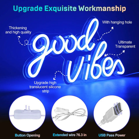 Good Vibes Neon Sign Wall Light for Bedroom Living Room Bar and Party Decor Neon LED Sign 19.68 Inch Bright Colorful 3D Art