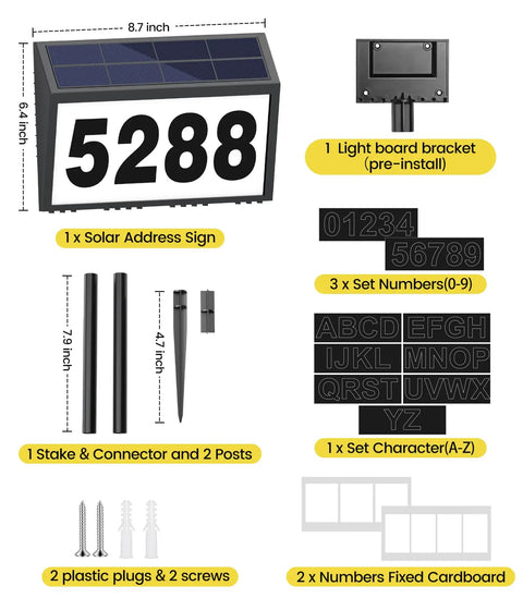 Solar Powered LED House Numbers For Outdoor Use With Weatherproof Black Address Sign Plaque components and sizes displayed