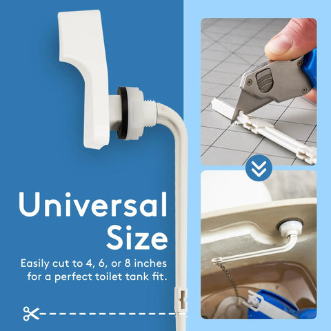 Toilet Handle Replacement With Front Mount Flush Lever In White, showing cut-to-length options and installation in tank