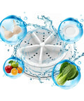 Portable Mini Ultrasonic Washing Machine For Everyday Laundry And Kitchen Prep with clothing, produce, and dishes in water bubbles.