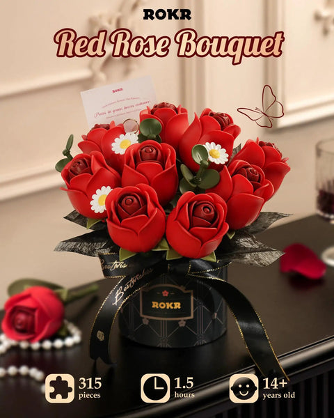 3D Puzzles DIY Flower Kit Burgundy Rose Bouquet With White Daisies And Eucalyptus Snap Together For Realistic Forever Fresh Home Decor Dope Gift Box Set, 315 pieces