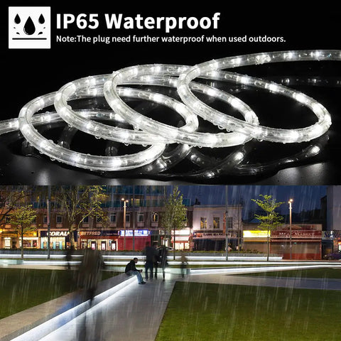 Lit 40Ft LED Rope Lights Dimmable Indoor Outdoor Waterproof 6000K Daylight White displayed in urban setting