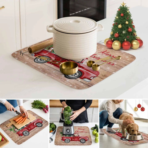 Holiday Dish Drying Mat For Kitchen Counter With Red Truck Cows Pine Trees Snowflakes Wood Grain Design Absorbent Microfiber Machine Washable Non Slip Backing 18 By 24 Inches Cozy Christmas Must Have For Everyday Kitchen Use with pot and decorations