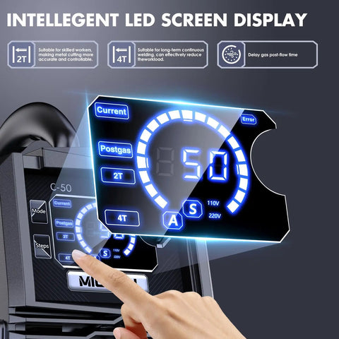 Beefy 50 Amp Plasma Cutter With Dual Voltage 110V To 220V, Large LED Screen Display showing controls and settings options.