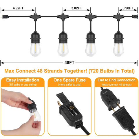 96 Ft LED Outdoor String Lights With Shatterproof S14 Bulbs Waterproof Patio Lighting installation guide showing connectors and bulbs.