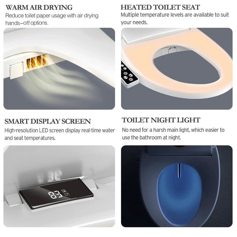 Top Tier Electric Heated Bidet Toilet Seat For Elongated Toilets With Soft Close Lid Warm Air Dryer features smart screen and night light.