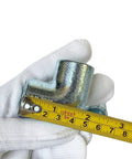 Close-up of 4 Pack 1/2 Inch Galvanized Pipe Fittings 90 Degree Elbows Malleable Iron Slip On Connection in hand with measuring tape