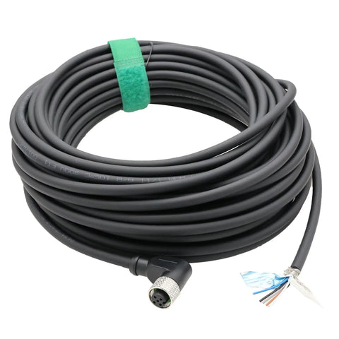 Coiled Right Angle M12 A-Coded 5 Pin Female Sensor Cable for Industrial Automation, 3m lead, bare wire leads visible
