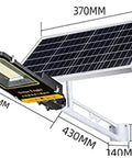 Heavy Duty Outdoor Solar Wall Light With Remote Control For Patios And Fences Dusk To Dawn LED Flood Light showcasing solar panel and fixture dimensions.