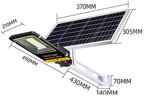 Heavy Duty Outdoor Solar Wall Light With Remote Control For Patios And Fences Dusk To Dawn LED Flood Light showcasing solar panel and fixture dimensions.