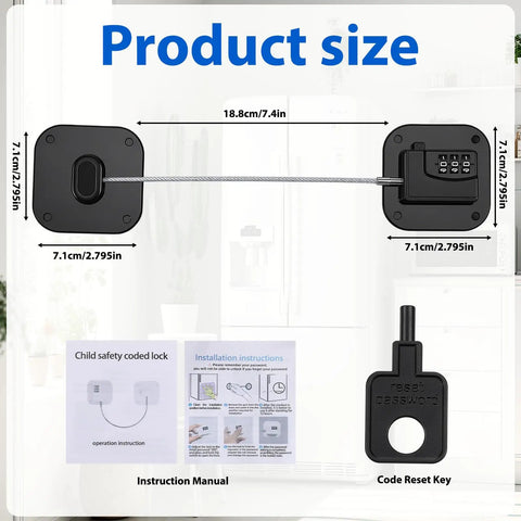 Diagram showing size and components of Kid Safe Fridge Lock With Keyless Combination, Heavy Duty Refrigerator Door Lock, Black.