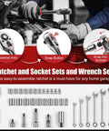 Ratchet and socket sets from 132 Piece Car Tool Kit With Drawer Portable Auto Repair Set For Home And On The Go on red background.