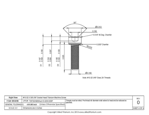Pack Of Six Ten Thirty Two By Five Eight Inch Unf Socket Head Grade Five Titanium Machine Screws technical drawing dimensions view