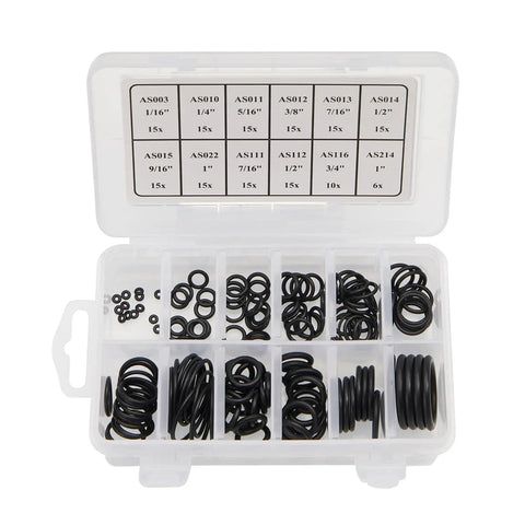 Scuba O Ring Kit 12 Sizes NBR90 Nitrile Seals shown in clear box with labeled compartments for dive hoses and gear maintenance.