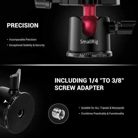 All Purpose Mini Ball Head For Tripods And Monopods 360 Degree Panoramic Rotation With One Quarter To Three Eighths Screw Adapter