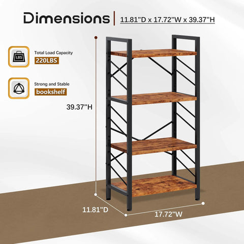 Four Tier Slim Bookshelf For Narrow Spaces Rustic Brown Faux Wood Wall Storage Rack Built For Tight Spots And Tiny Apartments Compact Floor Shelf Organizer Unit
