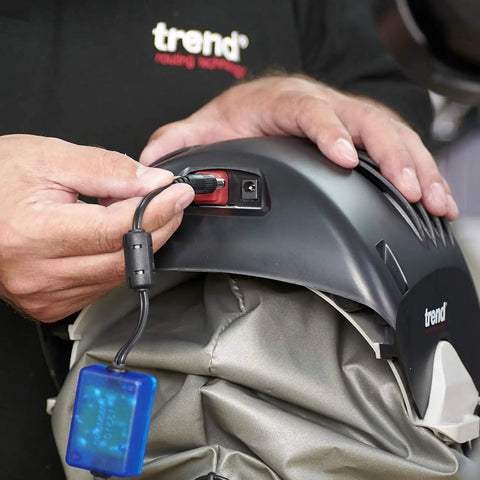 Detail of Badass Powered Air Respirator And Hearing Protection Bundle For Woodworking Shops, connecting power source.