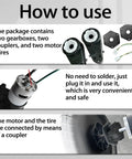 Instructions for installing 2 Pack 24V RS555 High Speed Gearbox Upgrade Kit For Kids Ride On Toys, shown with components and couplers
