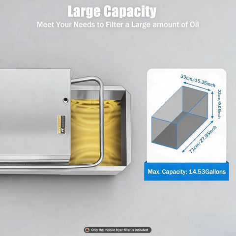 Straight Heavy Duty Commercial Mobile Fryer Filter Machine With 14 Gallon Tank showing large capacity oil storage and dimensions.