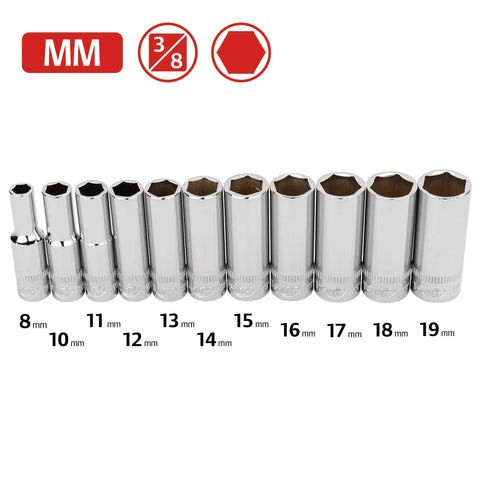 11-piece Three Eighth Inch Drive Metric Deep Socket Set 8mm to 19mm, chrome vanadium steel with vertical knurling and mirror polish