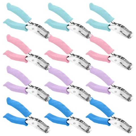 12 Pcs Handheld One Quarter Inch Hole Punches For Crafts With Grip Handles, multicolor blue pink green, arranged in rows
