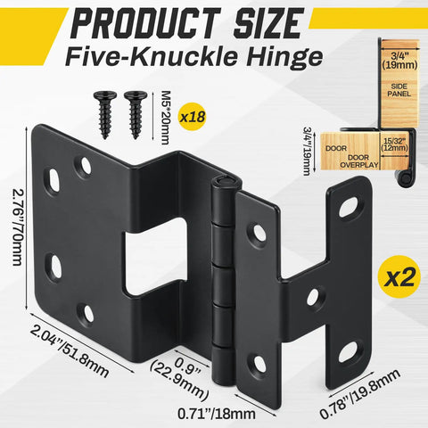 2 Pack Five Knuckle Door Hinges For Three Quarter Inch Doors, 270 Degree Institutional Hinge, black powder finish with screws