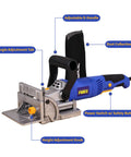 No Sweat Lightweight Electric Biscuit Jointer 760W showing adjustable D-handle and dust collection bag for carpentry jobs.