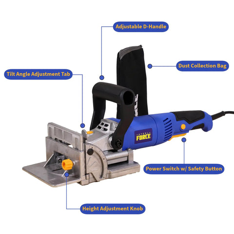 No Sweat Lightweight Electric Biscuit Jointer 760W showing adjustable D-handle and dust collection bag for carpentry jobs.