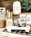 Rustic coffee station with Metal Coffee Truck With Burlap Sack Farmhouse Kitchen Decor Mini Pickup For Your Coffee Station And Home Bar Accessories Cute Rustic Countertop Accent Perfect For Tiered Trays And Coffee Tables.