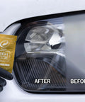 Image showing before and after using Go-To Car Wipes For Paint Scratches Water Spots Headlight Oxidation Glass And Metal on headlights.
