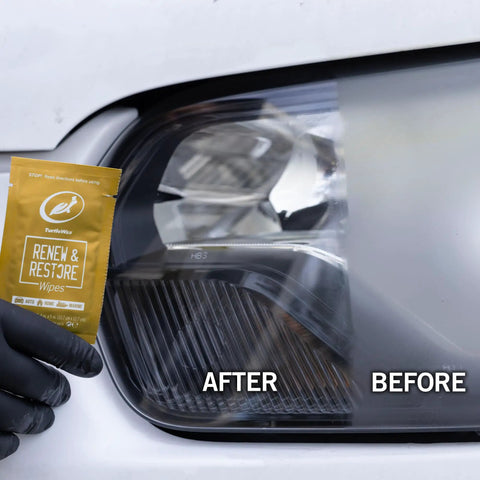 Image showing before and after using Go-To Car Wipes For Paint Scratches Water Spots Headlight Oxidation Glass And Metal on headlights.