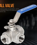 Kickass Heavy Duty One Half Inch 304 Stainless Steel Three Way Ball Valve T Port with blue handle for industrial plumbing use.