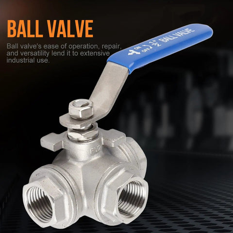 Kickass Heavy Duty One Half Inch 304 Stainless Steel Three Way Ball Valve T Port with blue handle for industrial plumbing use.