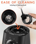 Level Up Your Coffee Game With This Electric Conical Burr Grinder Packing 30 Quick Settings From Fine Espresso To Coarse French Press Chill Low Noise Operation Sleek Compact Design For Daily Brews Black, showing cleaning brush for easy maintenance.