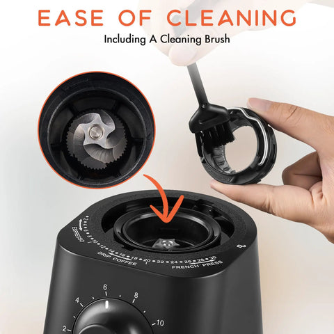 Level Up Your Coffee Game With This Electric Conical Burr Grinder Packing 30 Quick Settings From Fine Espresso To Coarse French Press Chill Low Noise Operation Sleek Compact Design For Daily Brews Black, showing cleaning brush for easy maintenance.