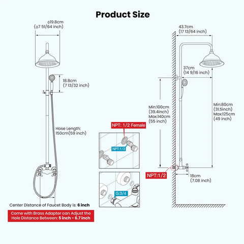 Diagram of Polished Gold Exposed Shower Faucet System with 8 Inch Rainfall Shower Head and Handheld Spray Wall Mount Fixture Two Function Diverter Brass Construction Ceramic Valves Max Flow One Point Two Five GPM showing dimensions and connections.