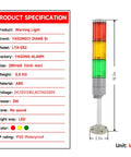 Beefy IP65 Waterproof LED Stack Light With Round Bottom Base Three Layer Signal Tower In Red Yellow Green 24V DC Machine Warning Light For Industrial Equipment And Emergency Alerts shown with specifications, displaying measurements and product details.