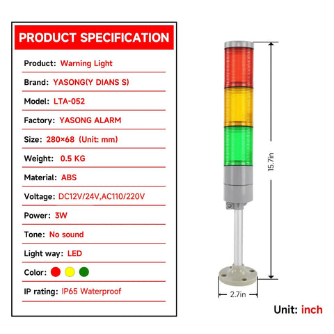 Beefy IP65 Waterproof LED Stack Light With Round Bottom Base Three Layer Signal Tower In Red Yellow Green 24V DC Machine Warning Light For Industrial Equipment And Emergency Alerts shown with specifications, displaying measurements and product details.