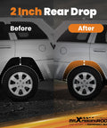 2 Inch Rear Drop Lowering Shackles For Dodge Ram 1500 2500 3500 Mega Cab 2003 2013 8 Lug Trucks With Leaf Springs Under Rear Hanger Leveling Kit For Crew Cab Pickup Boost Aggressive Mean Stance And Ride shown in before and after image.
